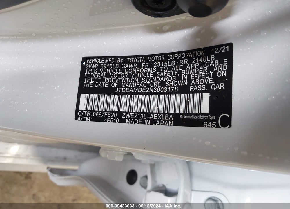 2022 TOYOTA COROLLA VIN: JTDEAMDE2N3003178