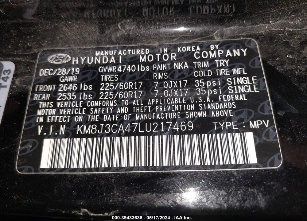 2020 HYUNDAI TUCSON VALUE VIN: KM8J3CA47LU217469