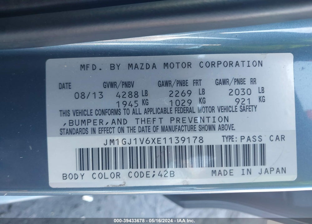 2014 MAZDA 6 I TOURING VIN: JM1GJ1V6XE1139178