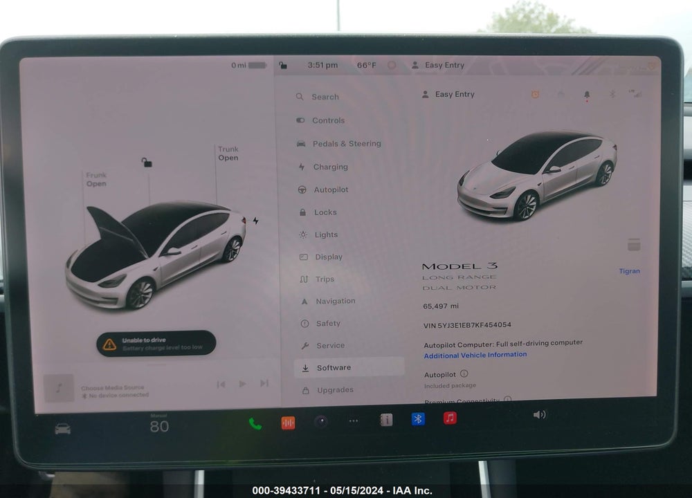 2019 TESLA MODEL 3 LONG RANGE/PERFORMANCE VIN: 5YJ3E1EB7KF454054