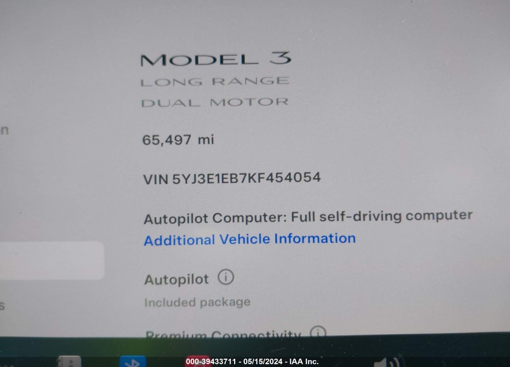 2019 TESLA MODEL 3 LONG RANGE/PERFORMANCE VIN: 5YJ3E1EB7KF454054