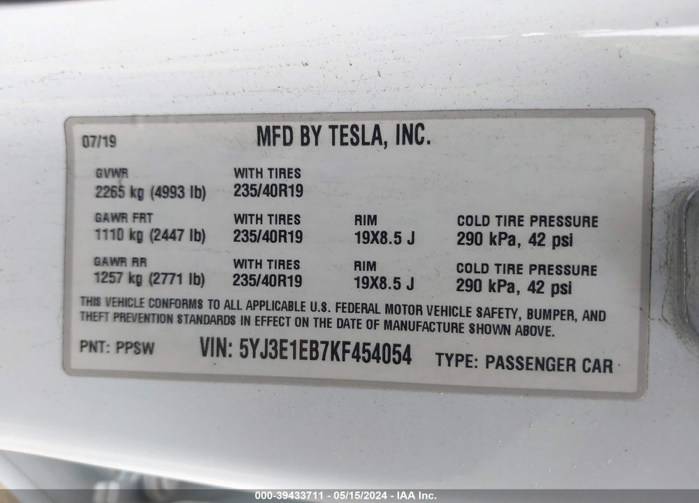 2019 TESLA MODEL 3 LONG RANGE/PERFORMANCE VIN: 5YJ3E1EB7KF454054