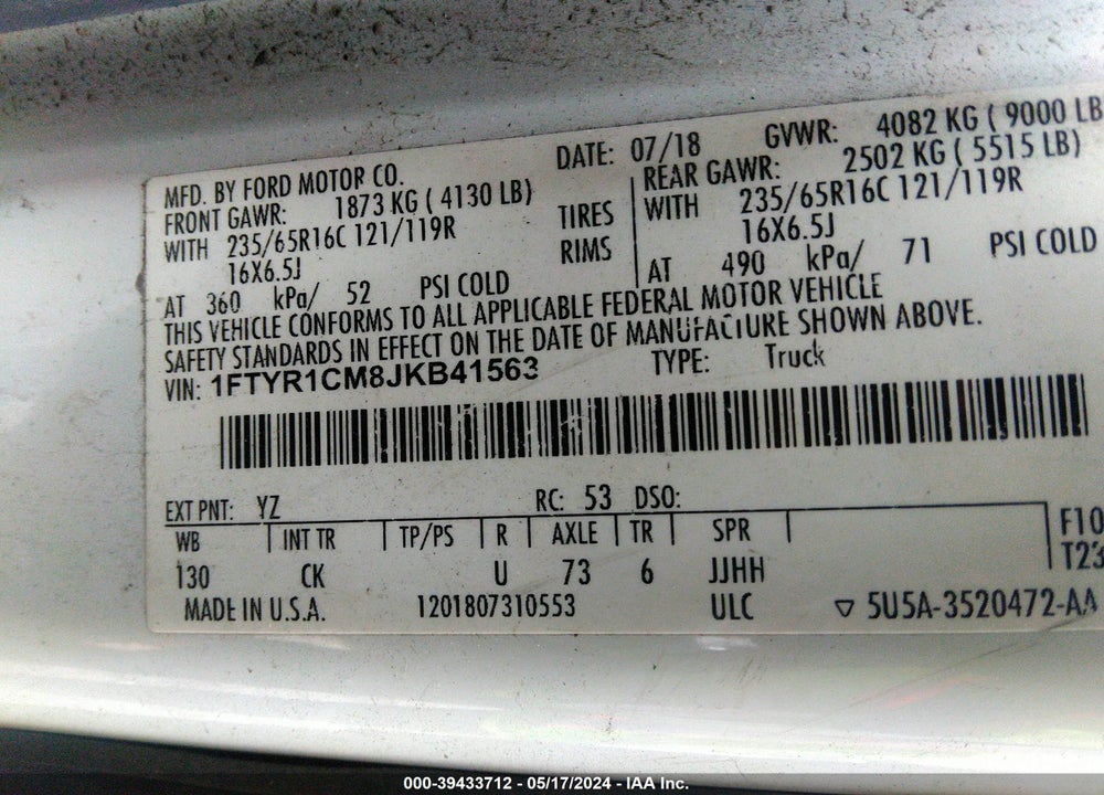 2018 FORD TRANSIT-250 VIN: 1FTYR1CM8JKB41563