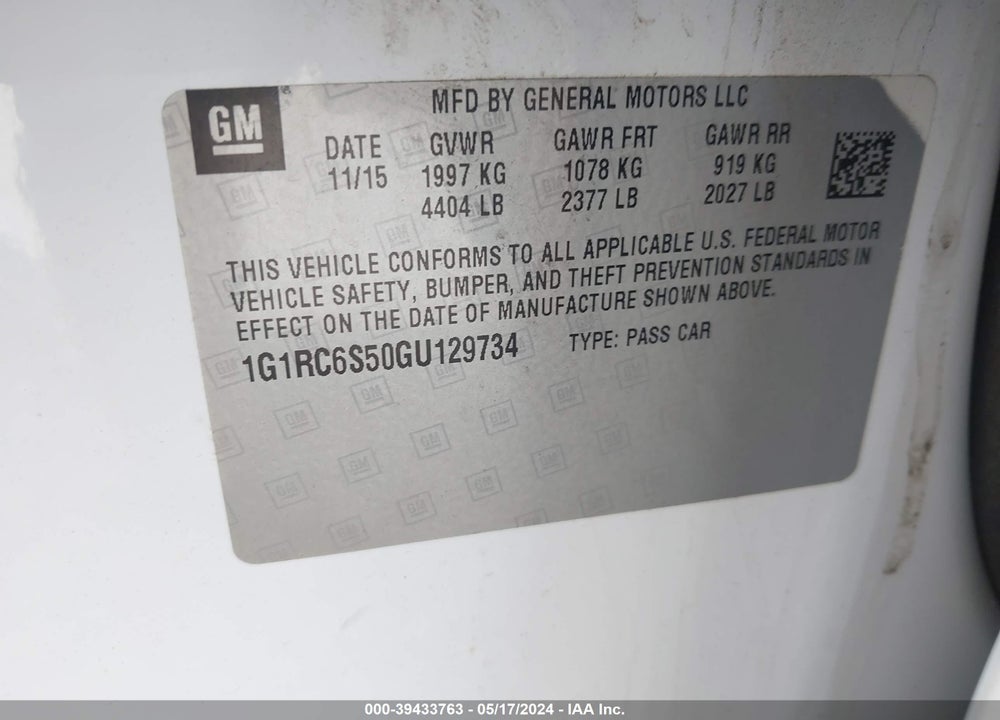 2016 CHEVROLET VOLT LT VIN: 1G1RC6S50GU129734