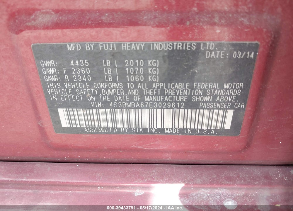 2014 SUBARU LEGACY 2.5I VIN: 4S3BMBA67E3029612