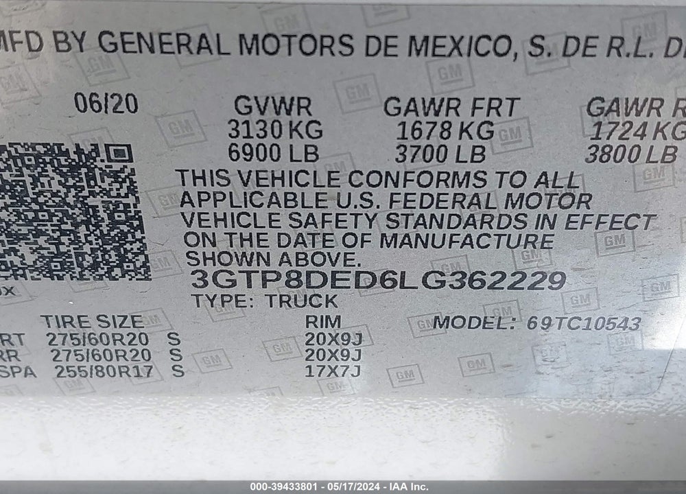 2020 GMC SIERRA 1500 2WD SHORT BOX SLT VIN: 3GTP8DED6LG362229