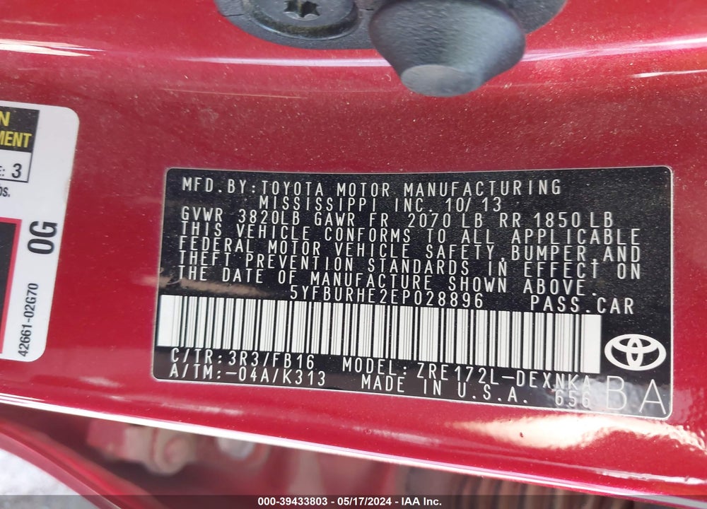 2014 TOYOTA COROLLA LE PLUS VIN: 5YFBURHE2EP028896