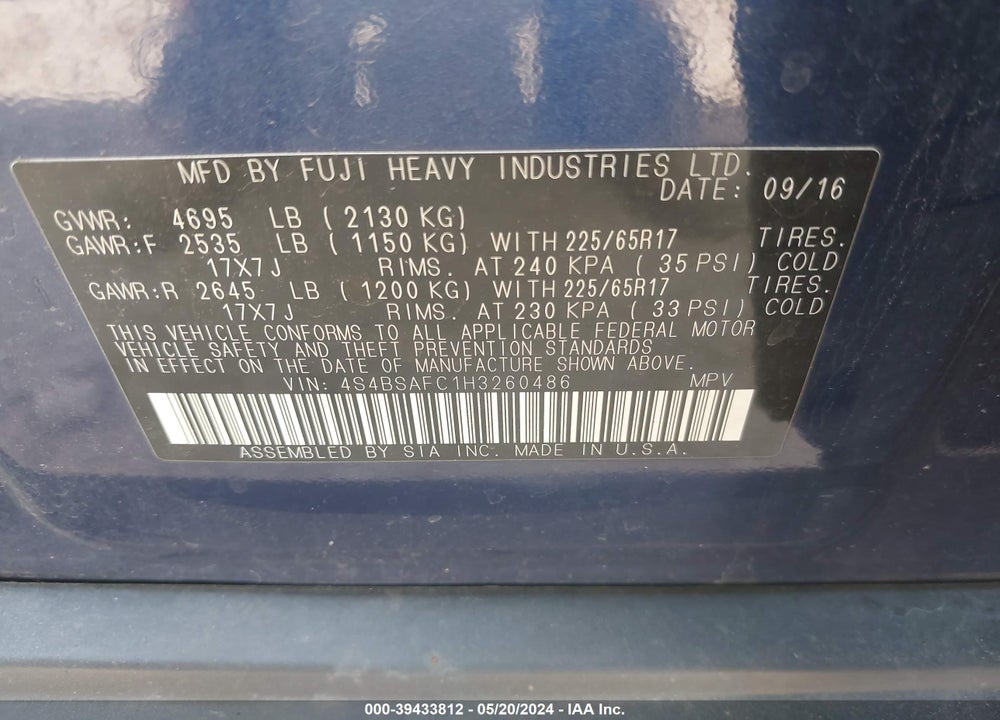 2017 OUTBACK SUBARU  2.5I PREMIUM VIN: 4S4BSAFC1H3260486