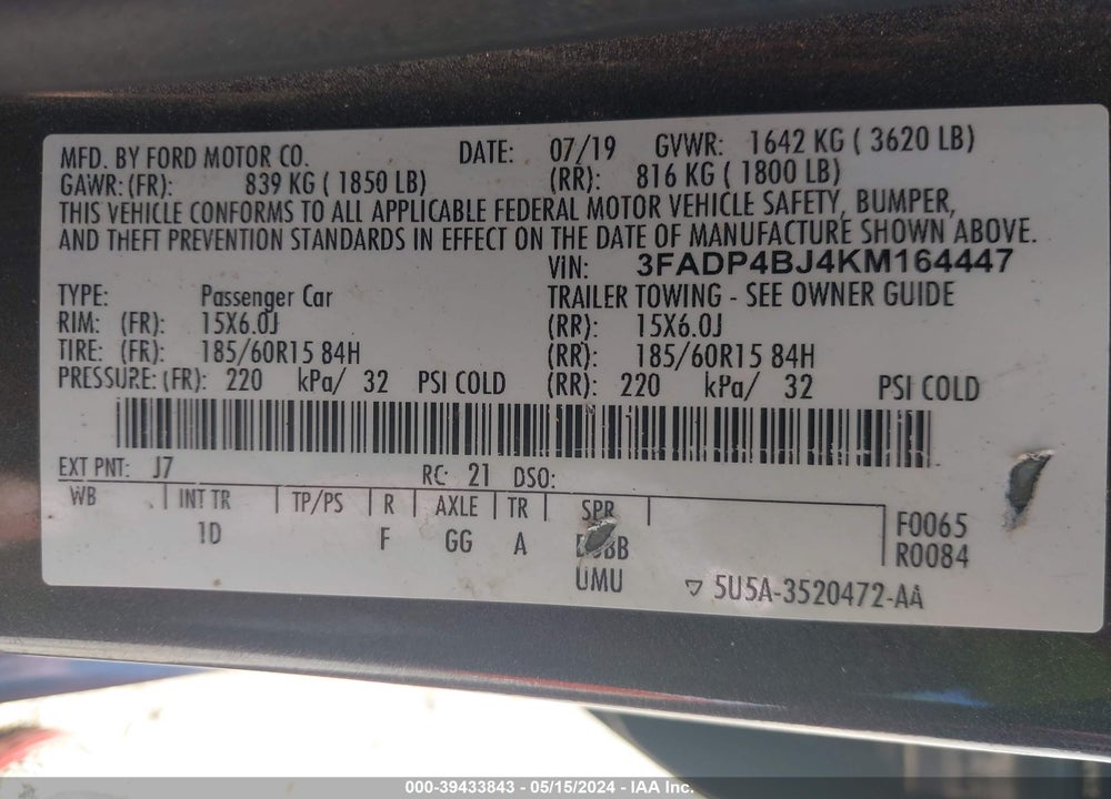 2019 FORD FIESTA SE VIN: 3FADP4BJ4KM164447