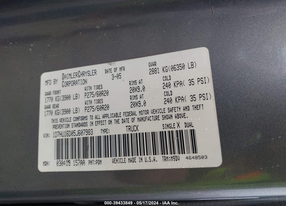 2005 DODGE RAM 1500 SLT/LARAMIE VIN: 1D7HU16D05J607983