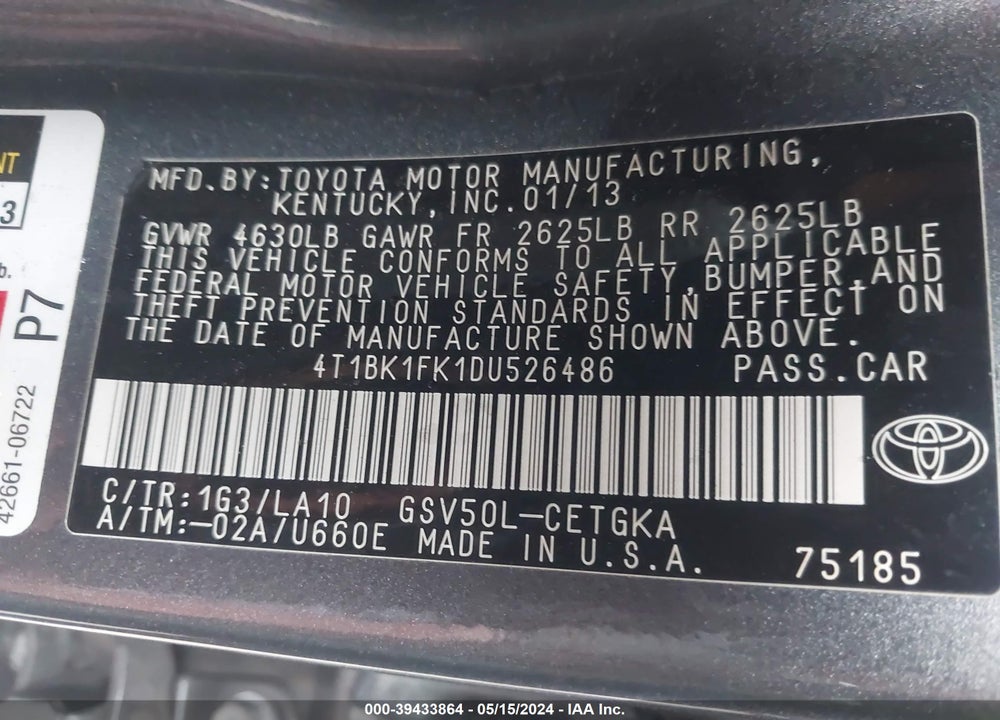2013 TOYOTA CAMRY VIN: 4T1BK1FK1DU526486