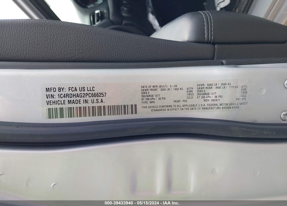 2023 DODGE DURANGO SXT PLUS RWD VIN: 1C4RDHAG2PC666257
