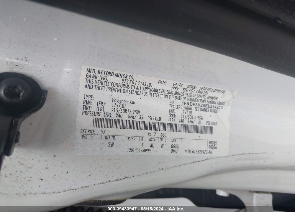 2014 FORD FOCUS SE VIN: 1FADP3K26EL314213