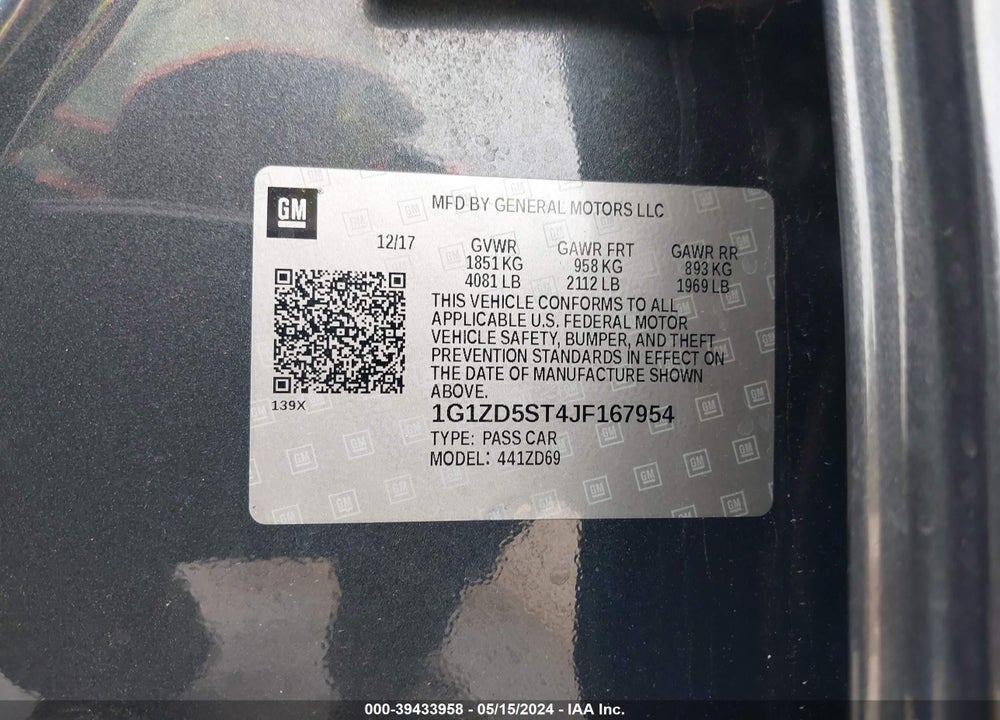 2018 CHEVROLET MALIBU LT VIN: 1G1ZD5ST4JF167954