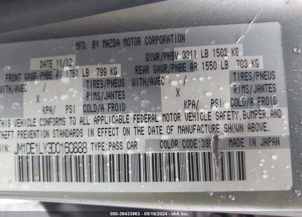 2013 MAZDA 2 TOURING VIN: JM1DE1LY3D0160888