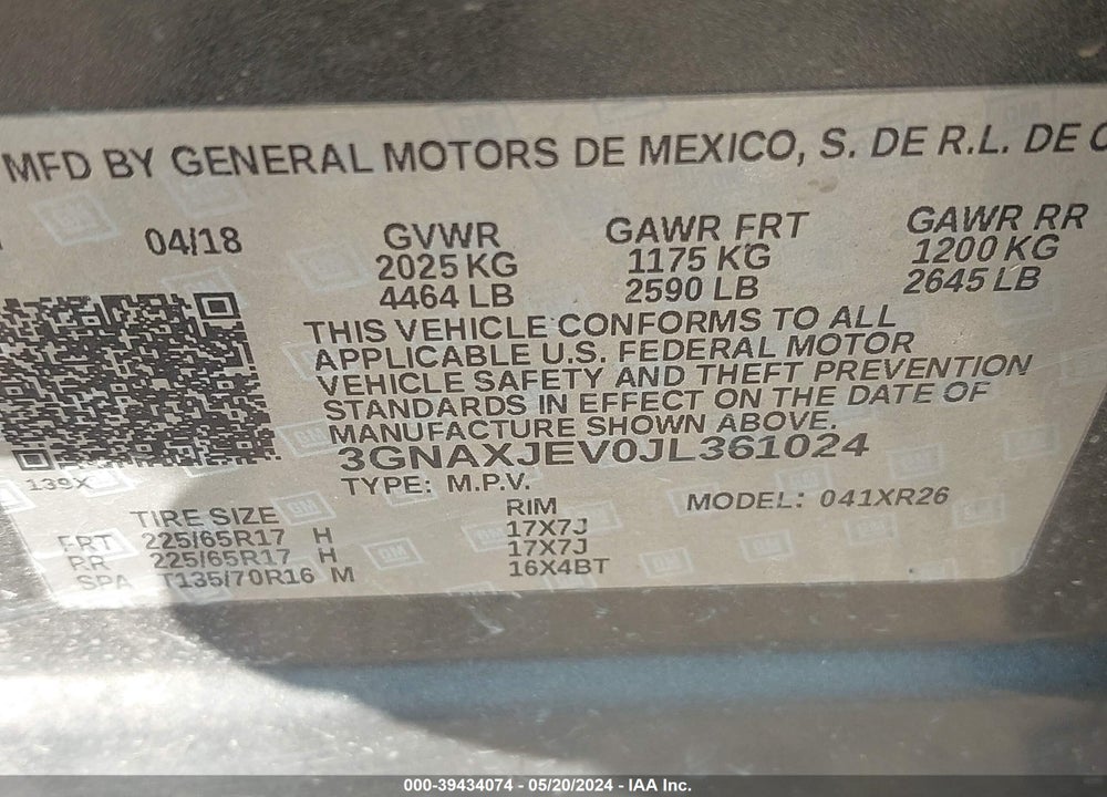 2018 CHEVROLET EQUINOX LT VIN: 3GNAXJEV0JL361024