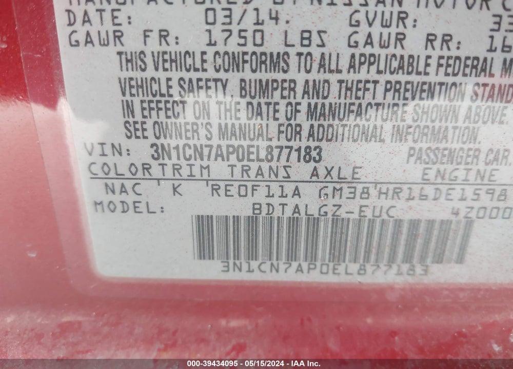 2014 NISSAN VERSA 1.6 SL VIN: 3N1CN7AP0EL877183