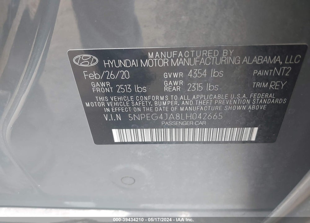2020 HYUNDAI SONATA VIN: 5NPEG4JA8LH042665
