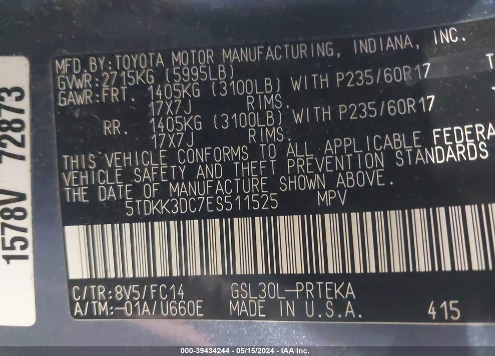 2014 TOYOTA SIENNA LE V6 8 PASSENGER VIN: 5TDKK3DC7ES511525