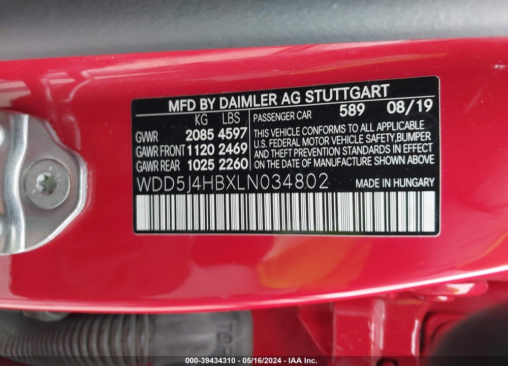 2020 MERCEDES-BENZ CLA 250 4MATIC VIN: WDD5J4HBXLN034802