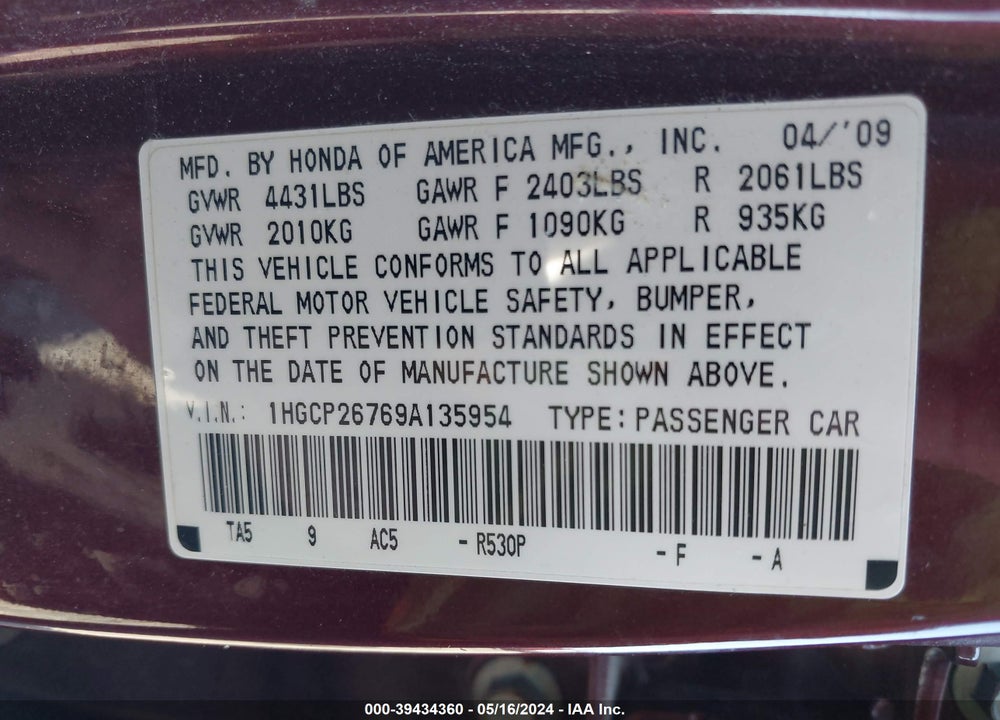 2009 HONDA ACCORD 2.4 EX VIN: 1HGCP26769A135954