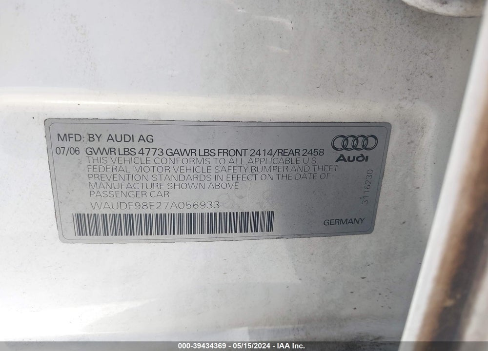 2007 AUDI A4 2.0T VIN: WAUDF98E27A056933