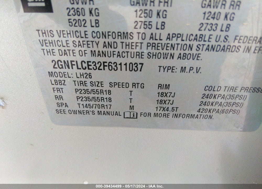 2015 CHEVROLET EQUINOX 2LT VIN: 2GNFLCE32F6311037