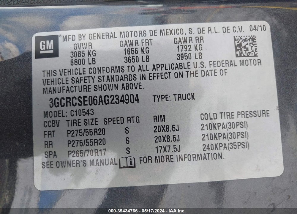 2010 CHEVROLET SILVERADO 1500 LT VIN: 3GCRCSE06AG234904