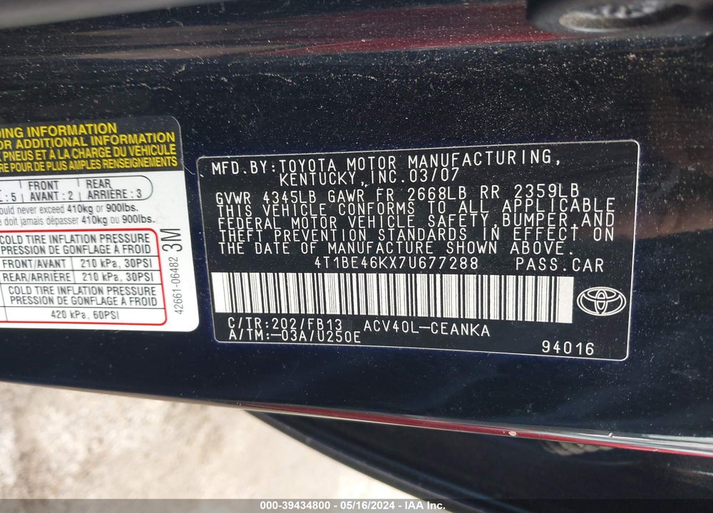 2007 TOYOTA CAMRY CE VIN: 4T1BE46KX7U677288