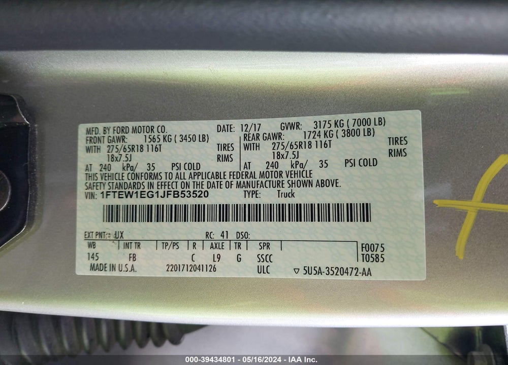 2018 FORD F-150 XLT VIN: 1FTEW1EG1JFB53520
