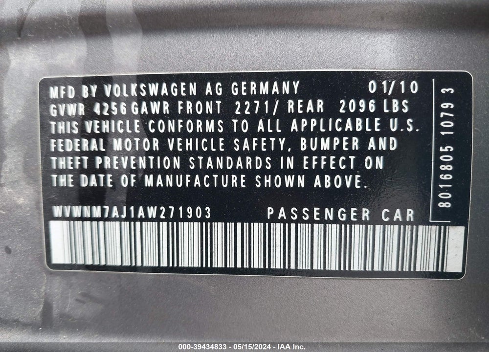 2010 VOLKSWAGEN GOLF TDI VIN: WVWNM7AJ1AW271903