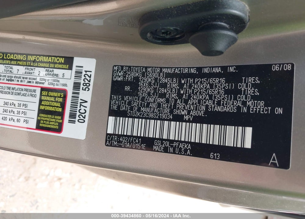 2008 TOYOTA SIENNA LE VIN: 5TDZK23C98S219034