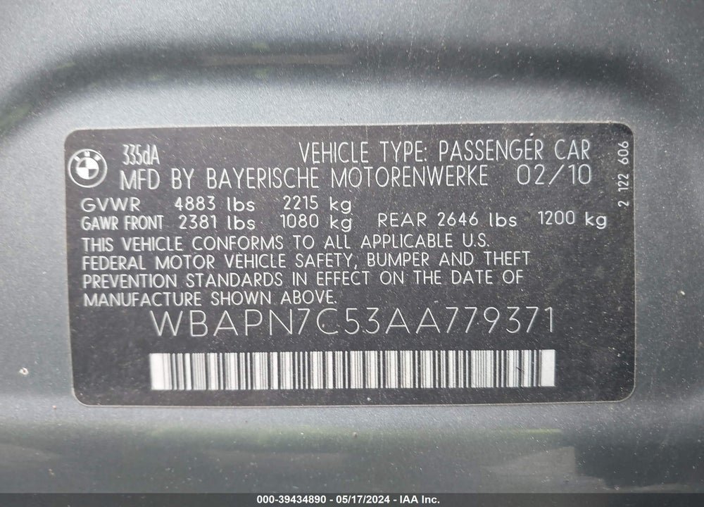 2010 BMW 335D VIN: WBAPN7C53AA779371
