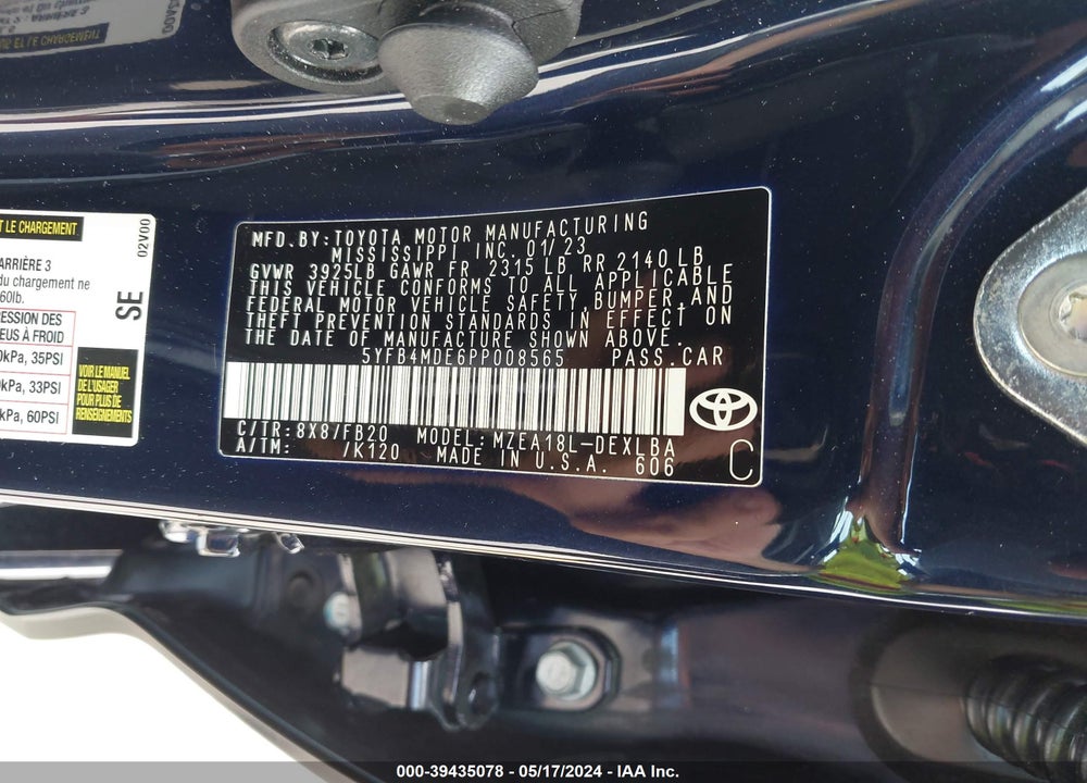 2023 TOYOTA COROLLA LE VIN: 5YFB4MDE6PP008565