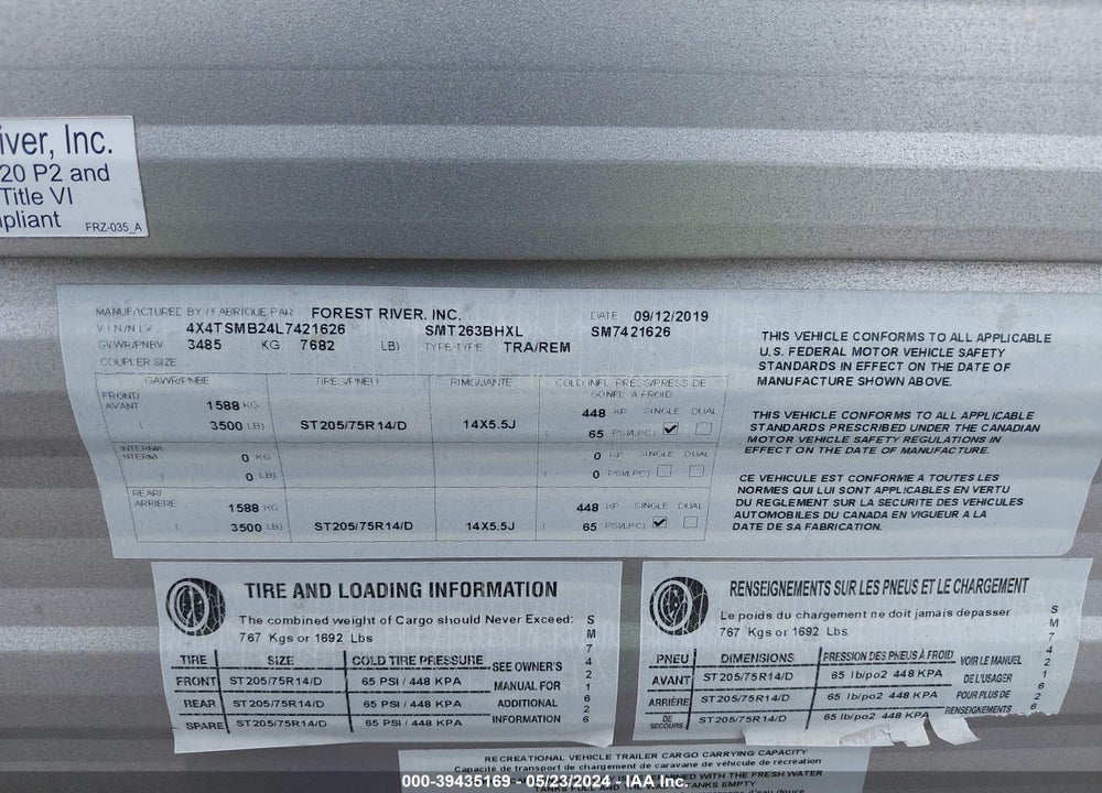 2020 FOREST RIVER OTHER VIN: 4X4TSMB24L7421626