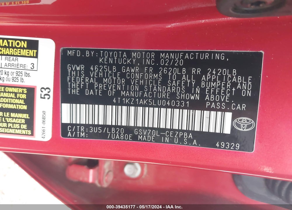 2020 TOYOTA CAMRY VIN: 4T1KZ1AK5LU040331
