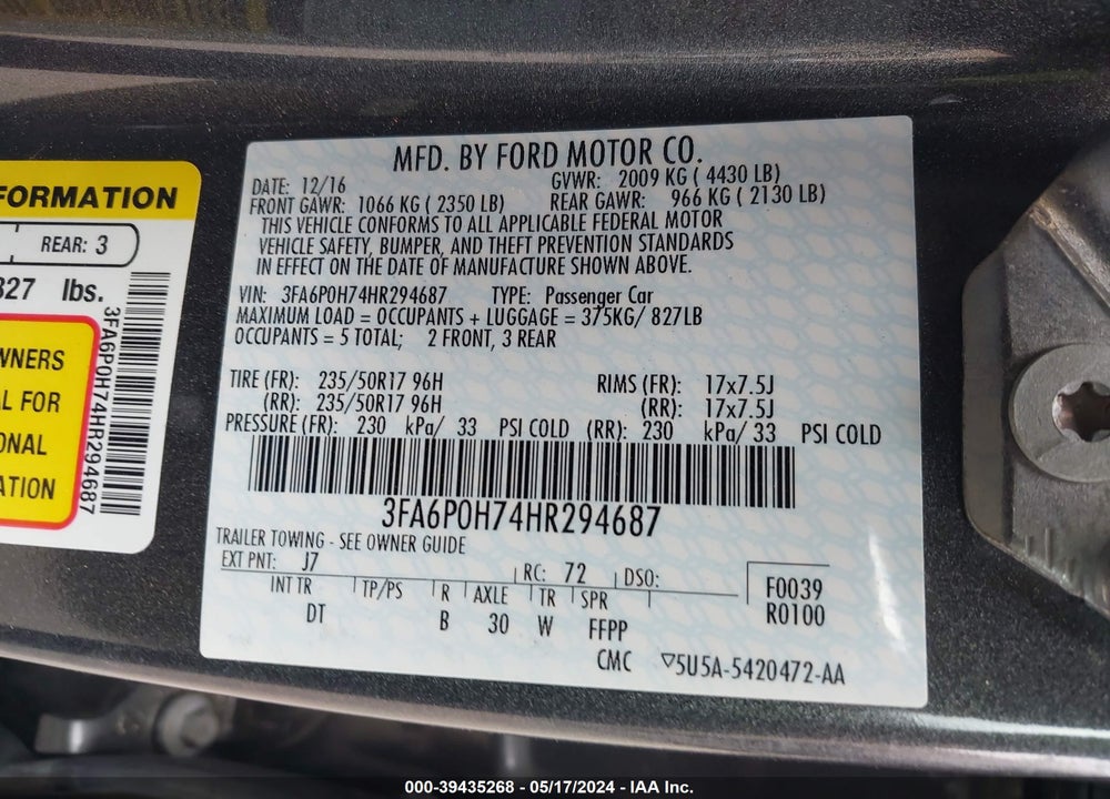 2017 FORD FUSION SE VIN: 3FA6P0H74HR294687