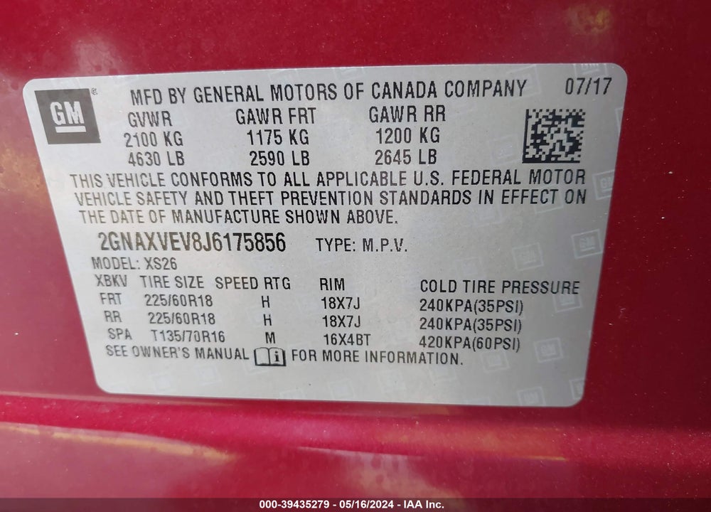 2018 CHEVROLET EQUINOX PREMIER VIN: 2GNAXVEV8J6175856