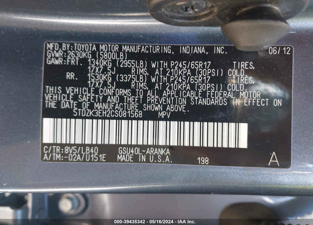 2012 TOYOTA HIGHLANDER SE V6 VIN: 5TDZK3EH2CS081568