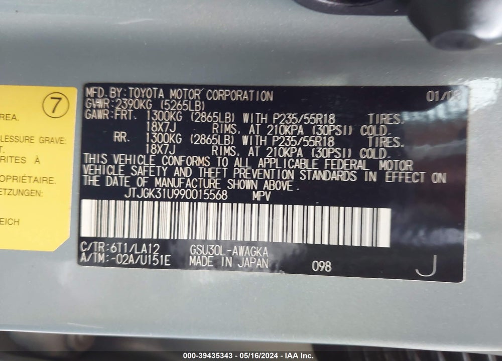 2009 LEXUS RX 350 VIN: JTJGK31U990015568