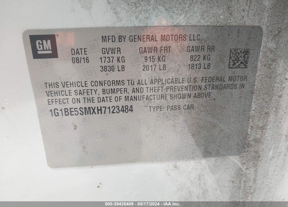 2017 CHEVROLET CRUZE LT AUTO VIN: 1G1BE5SMXH7123484