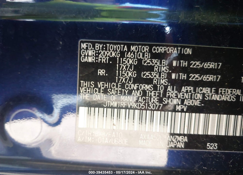 2019 TOYOTA RAV4 XLE VIN: JTMW1RFV9KD513077