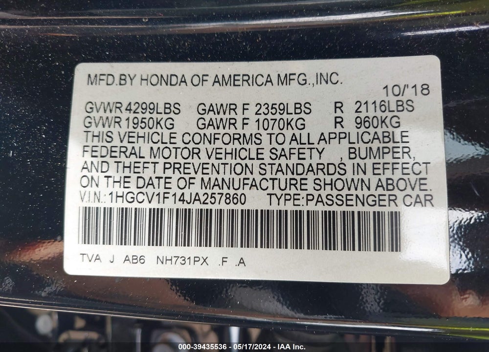 2018 HONDA ACCORD LX VIN: 1HGCV1F14JA257860