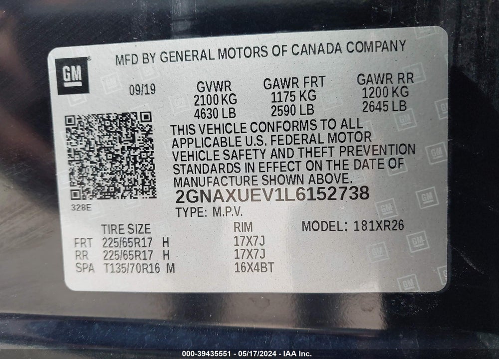 2020 CHEVROLET EQUINOX AWD LT 1.5L TURBO VIN: 2GNAXUEV1L6152738