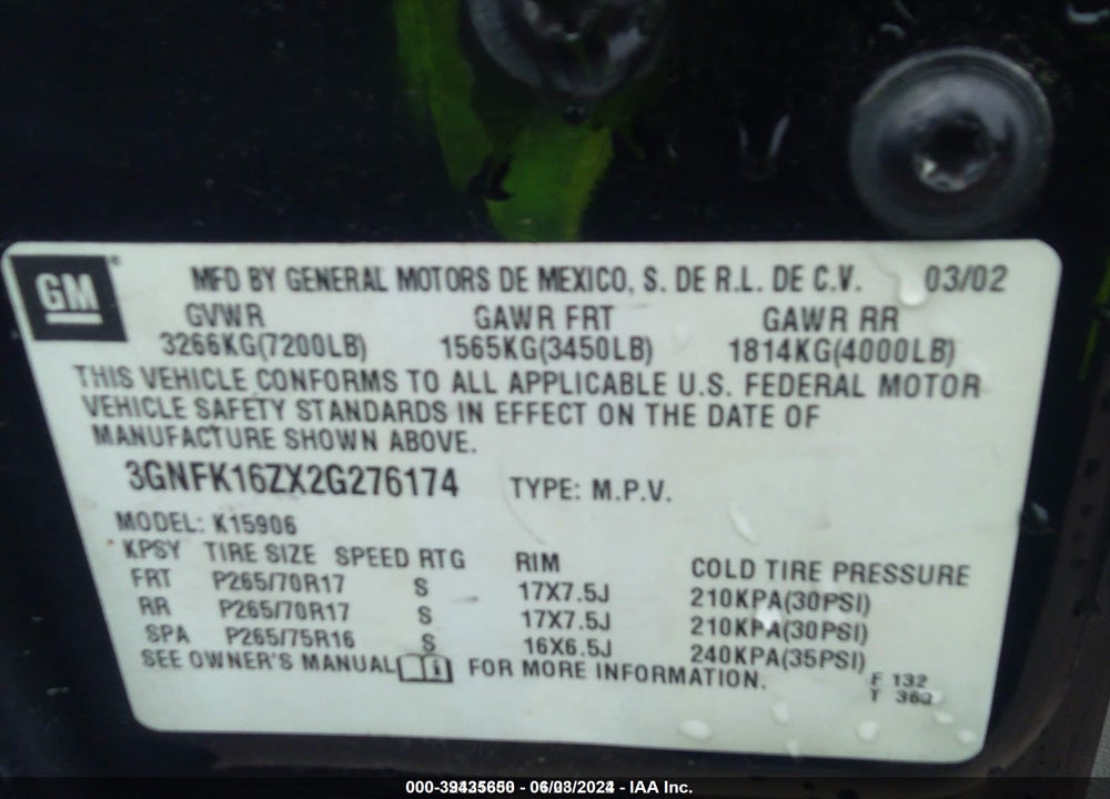 2002 CHEVROLET SUBURBAN Z71 VIN: 3GNFK16ZX2G276174