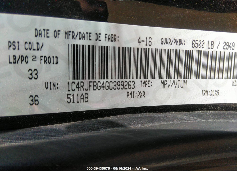 2016 JEEP GRAND CHEROKEE LIMITED VIN: 1C4RJFBG4GC399263