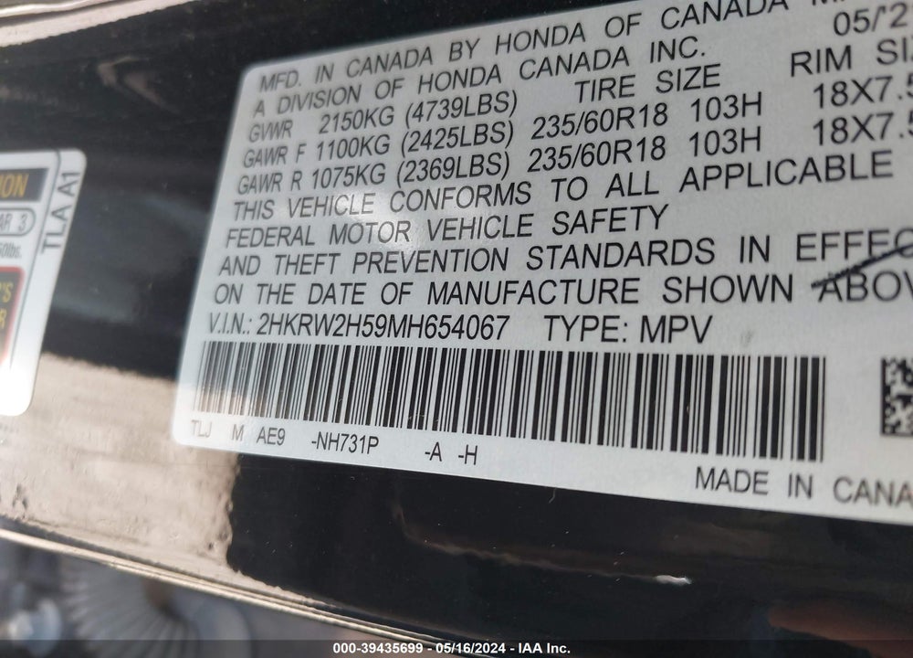 2021 HONDA CR-V AWD EX VIN: 2HKRW2H59MH654067