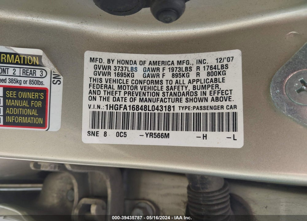 2008 HONDA CIVIC EX VIN: 1HGFA16848L043181