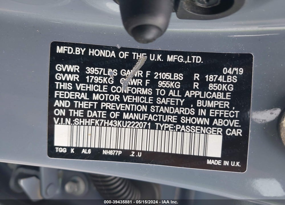 2019 HONDA CIVIC SPORT VIN: SHHFK7H43KU222071