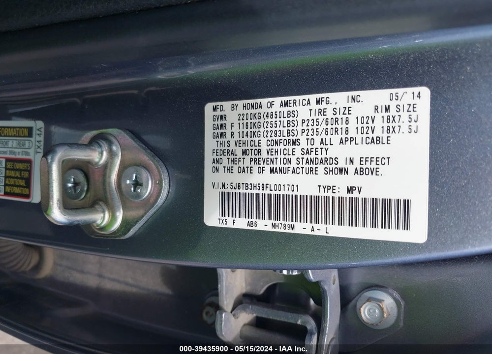 2015 ACURA RDX VIN: 5J8TB3H59FL001701
